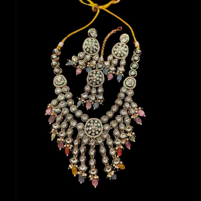 JCM Gold Plated Polki Kundan And Beads Necklace Set