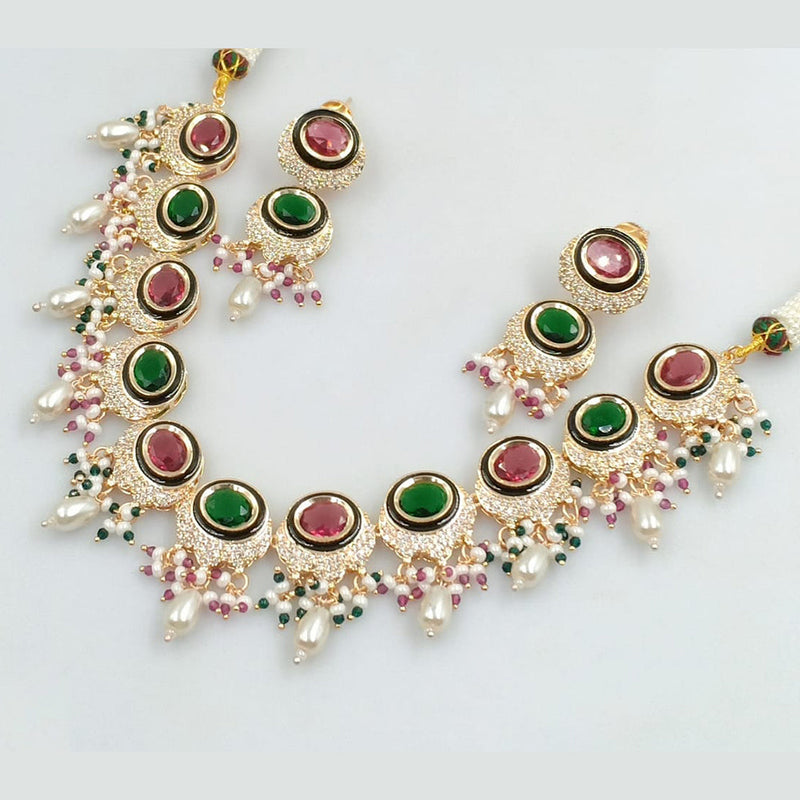 JCM Gold Plated Polki Kundan Stone And Pearls Necklace Set