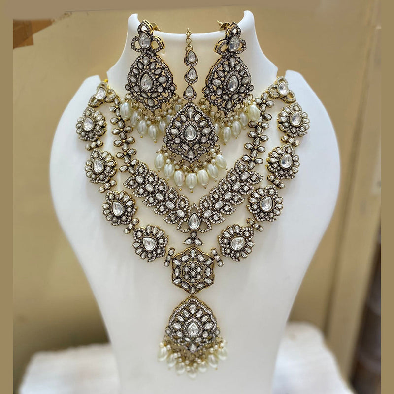 JCM Gold Plated Polki Kundan Stone And Pearls Long Necklace Set