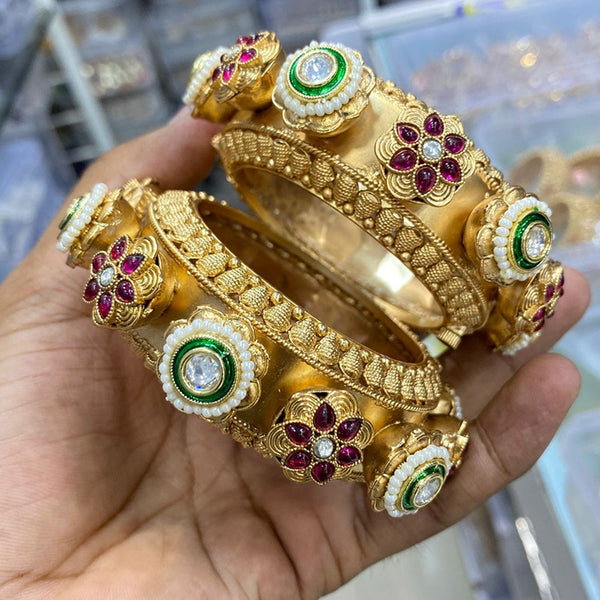 JCM Gold Plated Pota Stone And Pearls Meenakari Openable Bangles Set