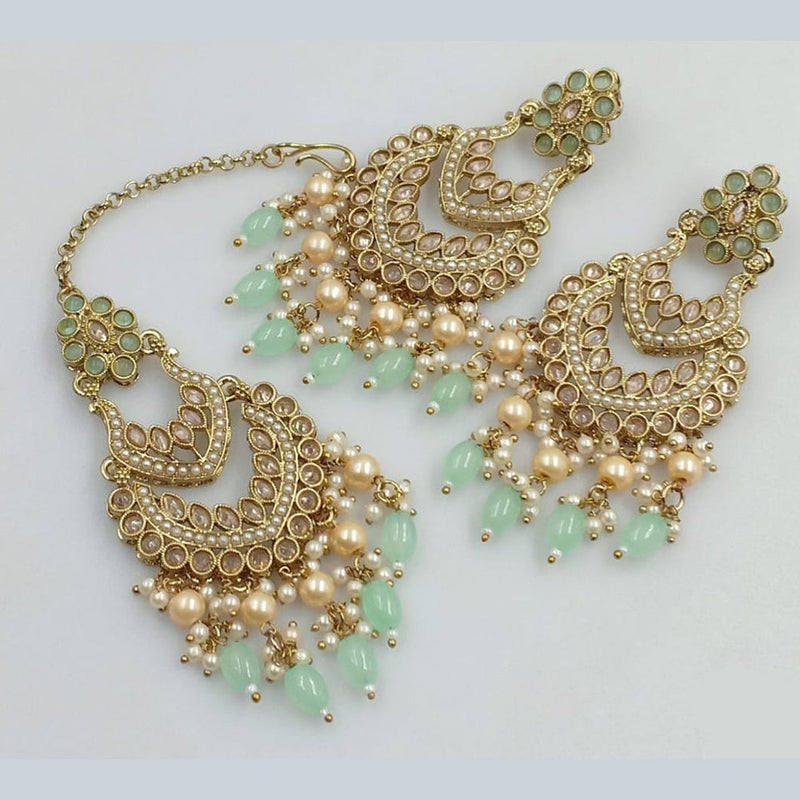 JCM Gold Plated Crystal Stone And Pearls Dangler Earrings With Maangtikka