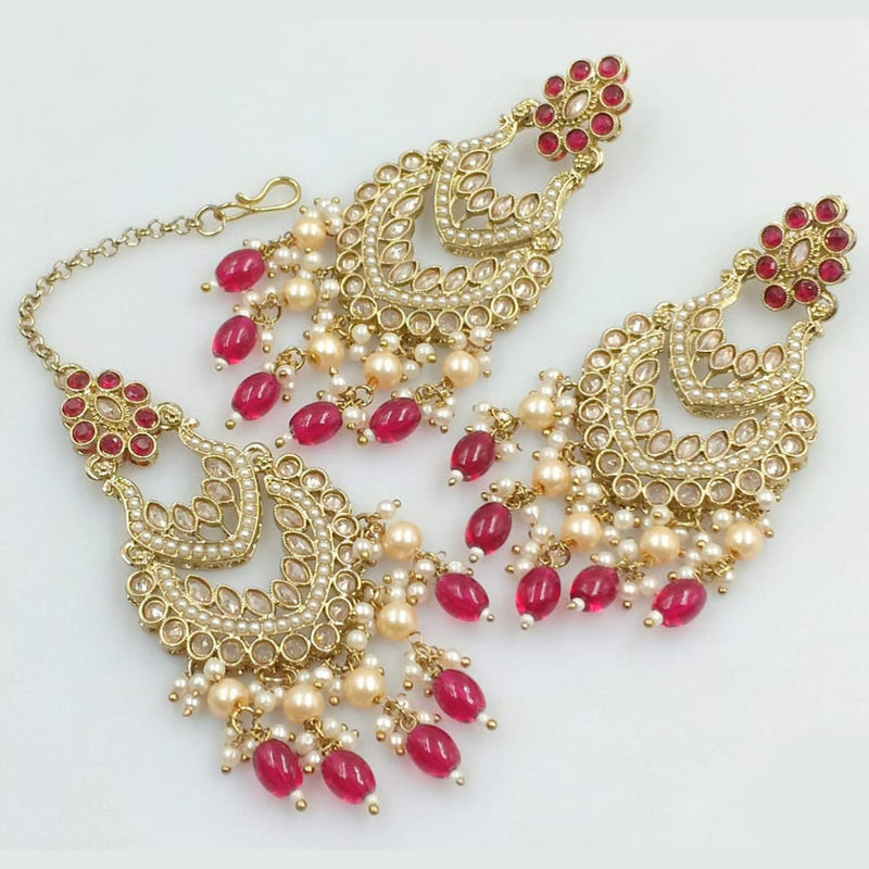 JCM Gold Plated Crystal Stone And Pearls Dangler Earrings With Maangtikka