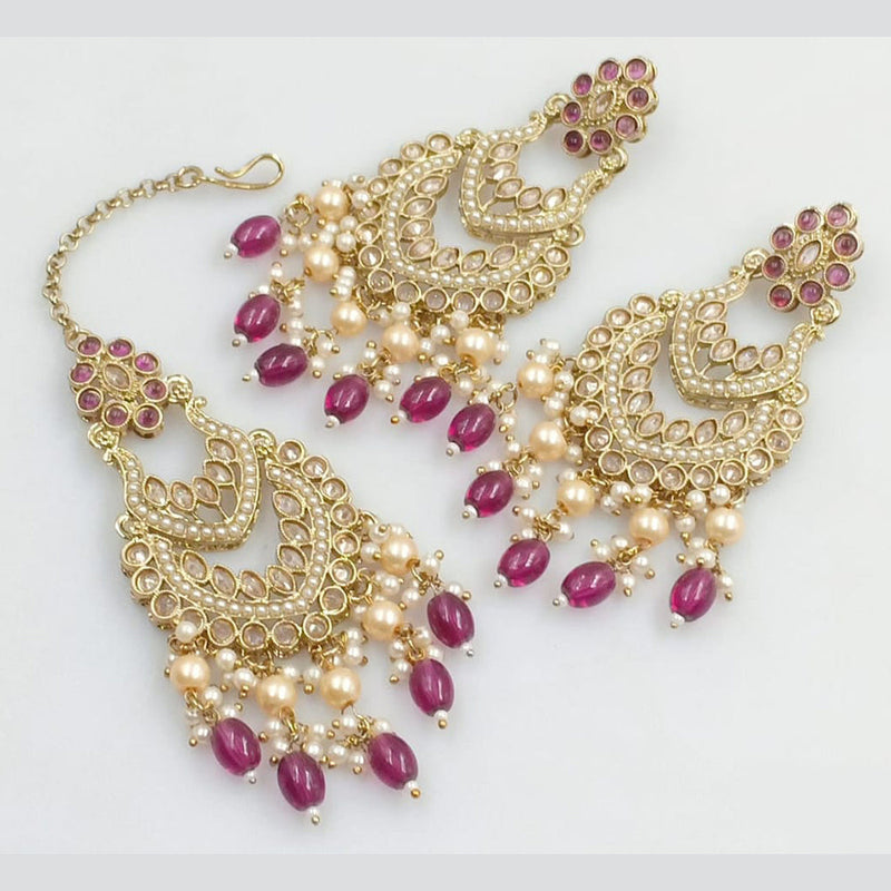 JCM Gold Plated Crystal Stone And Pearls Dangler Earrings With Maangtikka