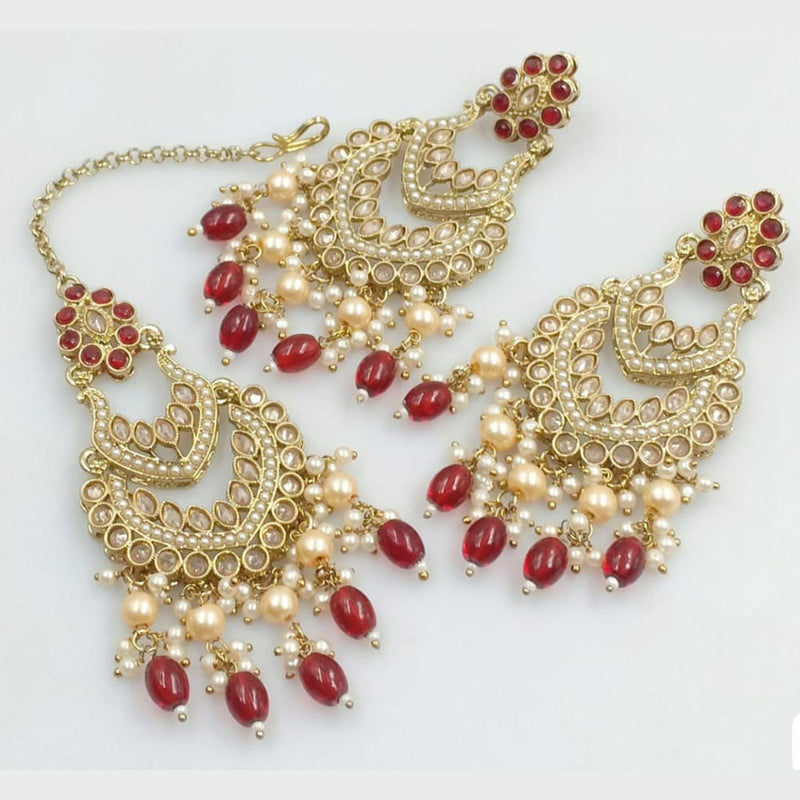 JCM Gold Plated Crystal Stone And Pearls Dangler Earrings With Maangtikka