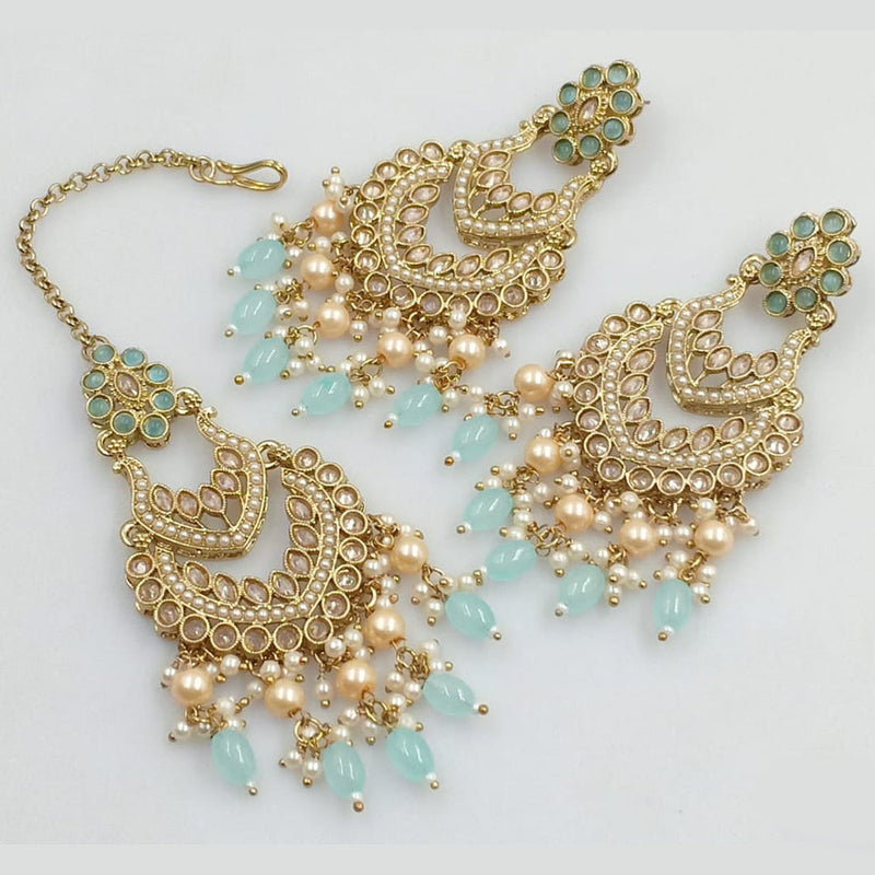 JCM Gold Plated Crystal Stone And Pearls Dangler Earrings With Maangtikka