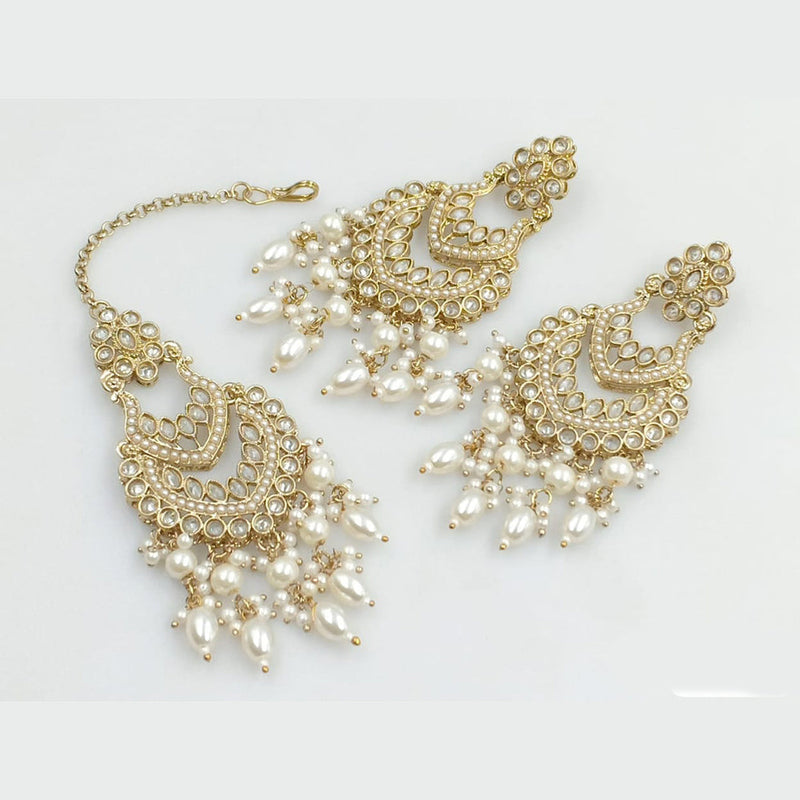 JCM Gold Plated Crystal Stone And Pearls Dangler Earrings With Maangtikka