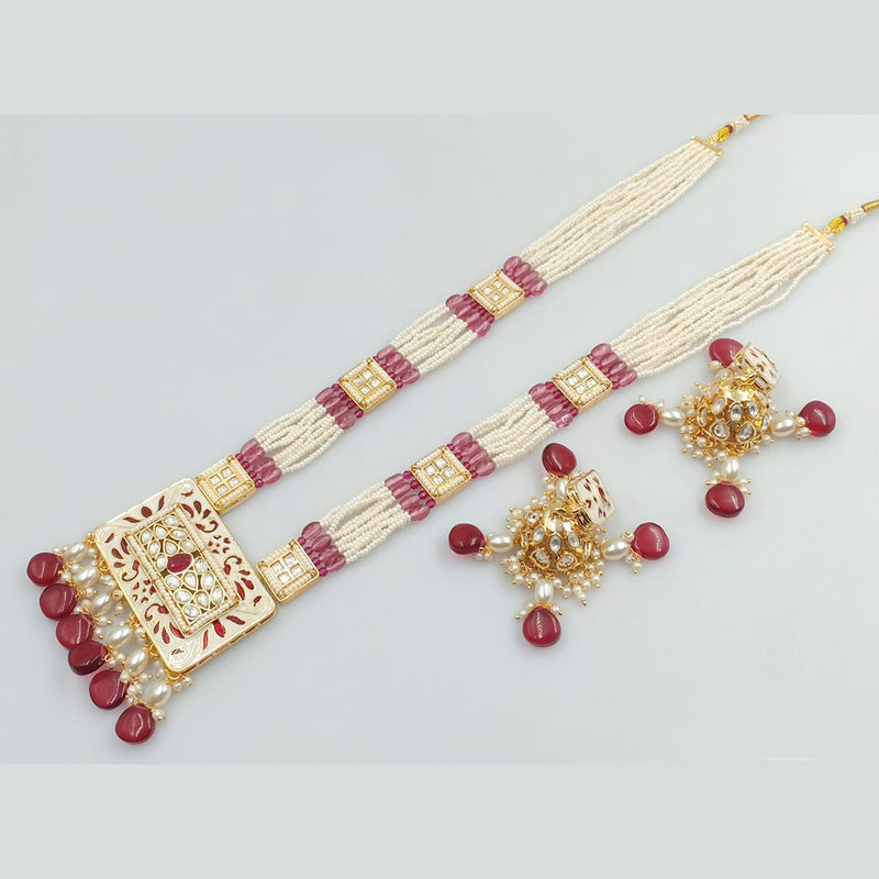 JCM Gold Plated Kundan Stone Pearls And Beads Meenakari Long Necklace Set