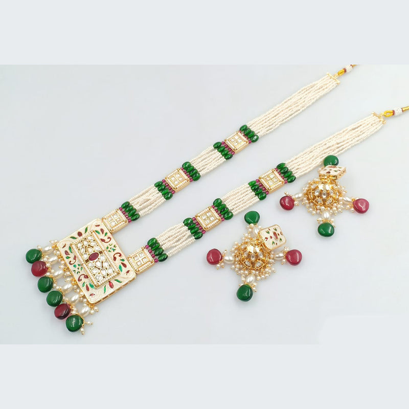 JCM Gold Plated Kundan Stone Pearls And Beads Meenakari Long Necklace Set