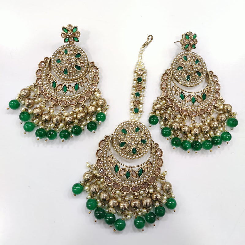 JCM Gold Plated Crystal Stone And Beads Dangler Earrings With Maangtikka (Assorted Color 1 Piece Only)