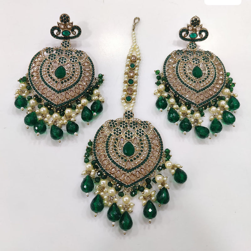 JCM Gold Plated Crystal Stone And Beads Dangler Earrings With Maangtikka (Assorted Color 1 Piece Only)