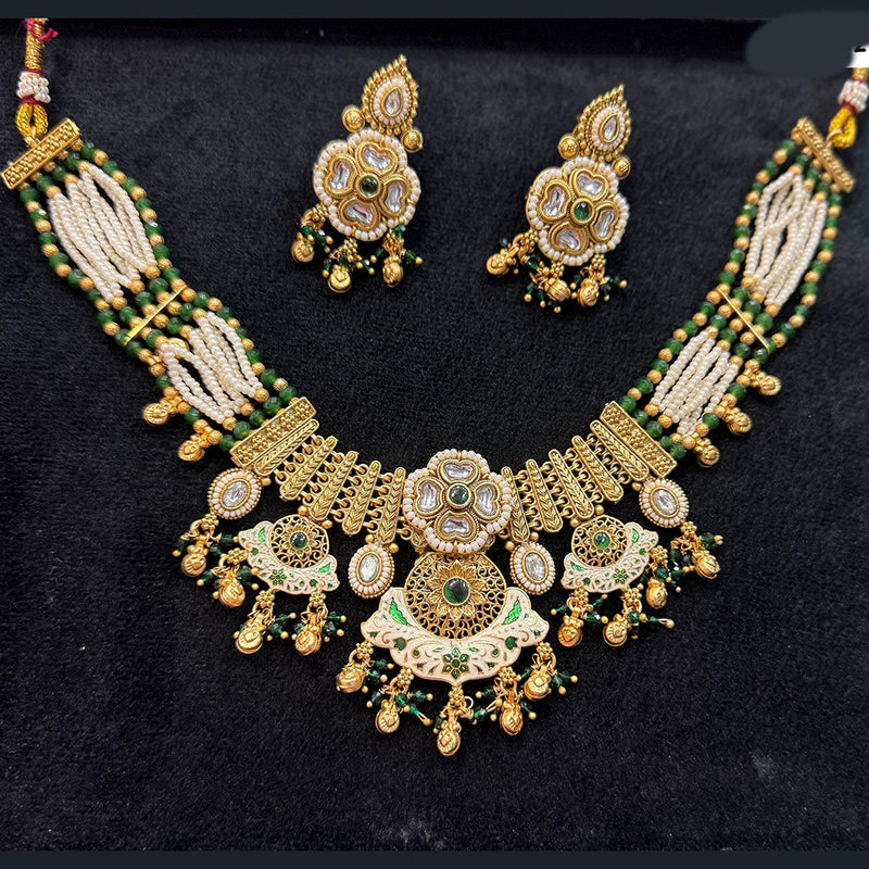 JCM Gold Plated Kundan Stone Pearl And Meenakari Necklace Set