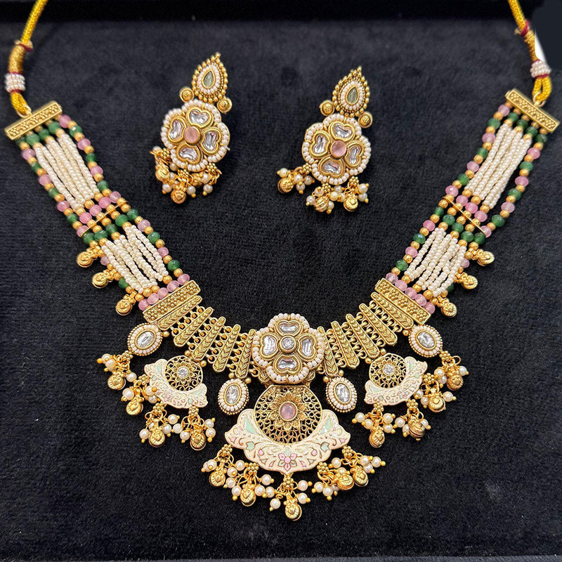 JCM Gold Plated Kundan Stone Pearl And Meenakari Necklace Set