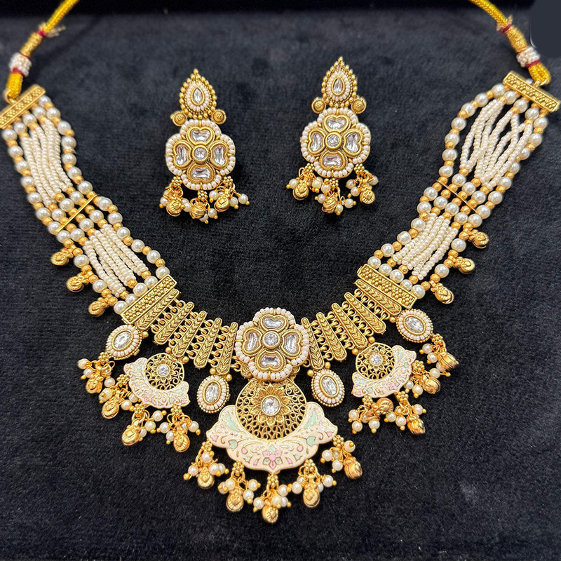 JCM Gold Plated Kundan Stone Pearl And Meenakari Necklace Set