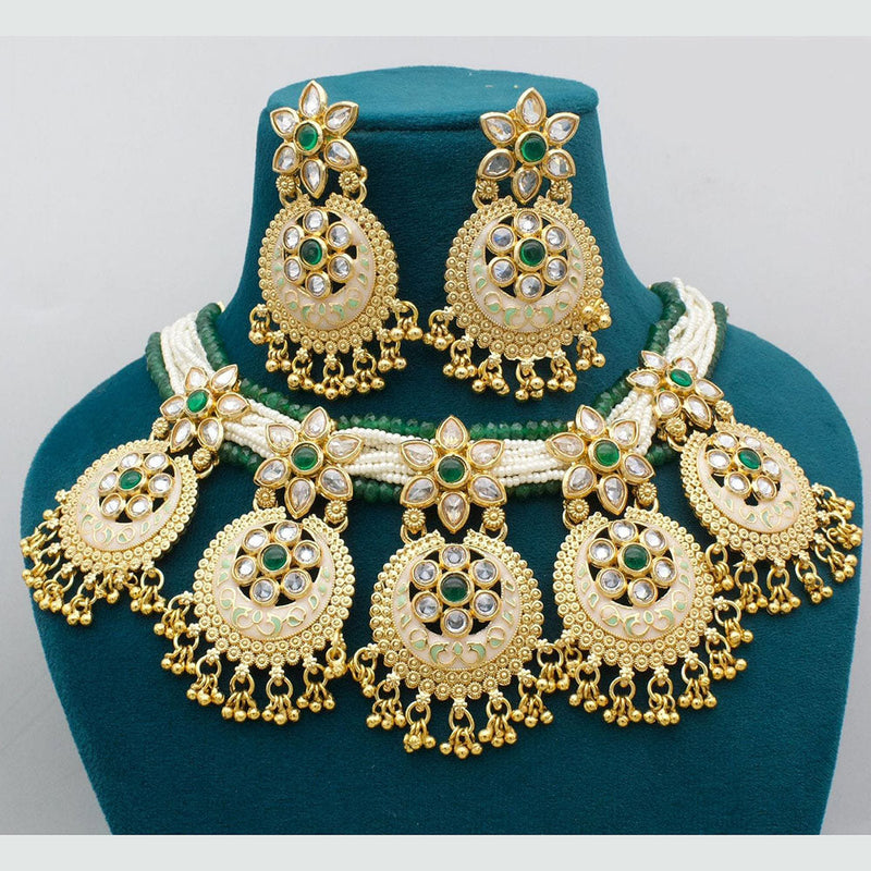 JCM Gold Plated Crystal Stone And Peals Meenakari Necklace Set