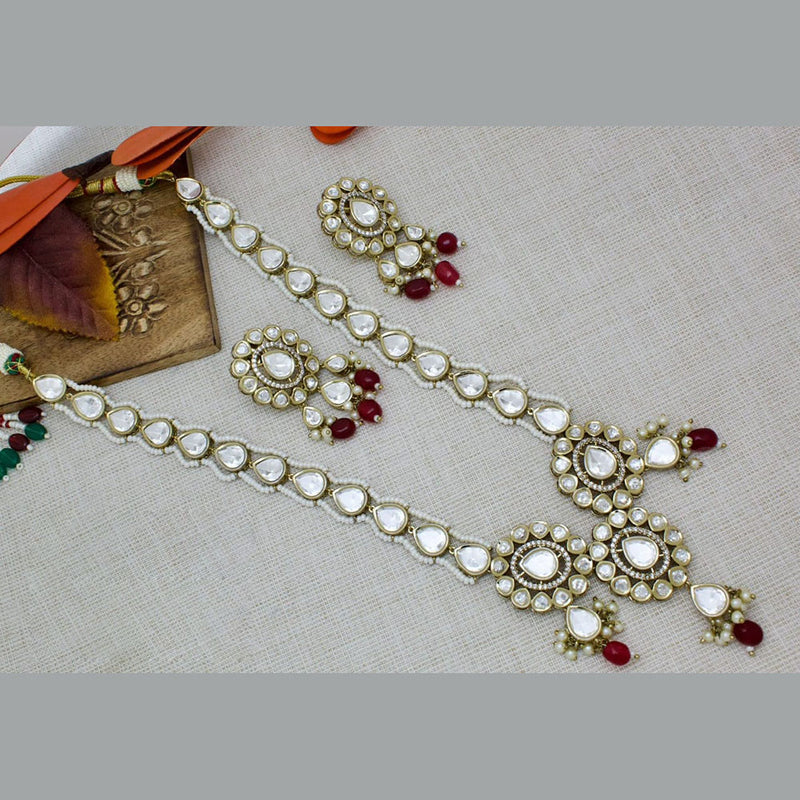 JCM Gold Plated Polki Kundan And Pearls Long Necklace Set