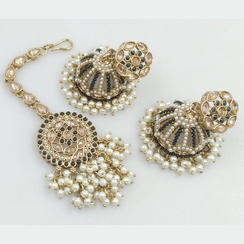 JCM Gold Plated Crystal Stone And Pearls Jhumki With Maangtikka