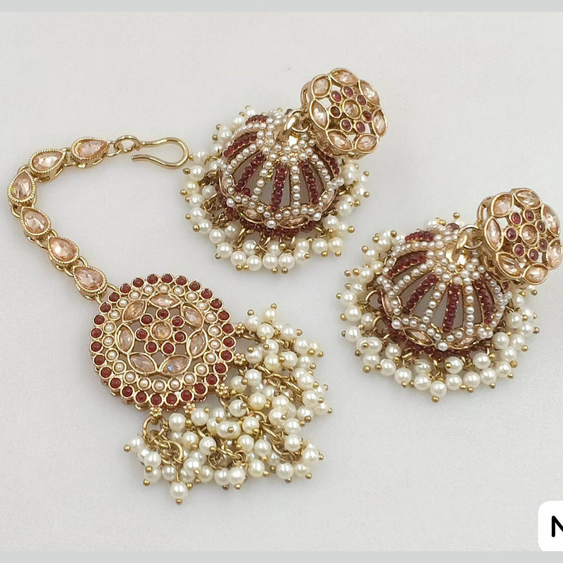 JCM Gold Plated Crystal Stone And Pearls Jhumki With Maangtikka