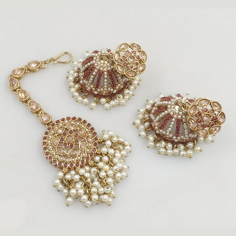 JCM Gold Plated Crystal Stone And Pearls Jhumki With Maangtikka