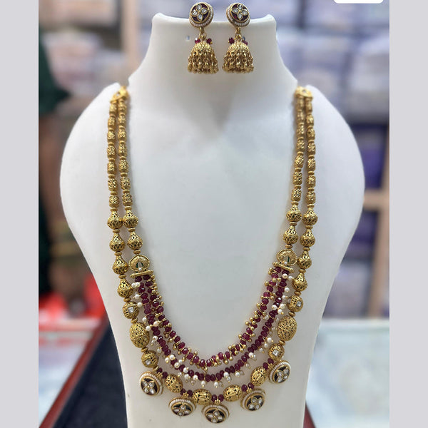 JCM Gold Plated Pota Stone And Pearls Long Necklace Set