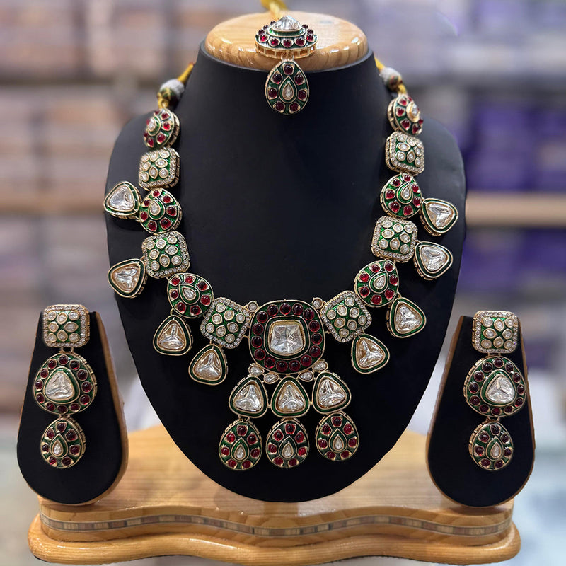 JCM Gold Plated Polki Kundan Stone Meenakari Necklace Set