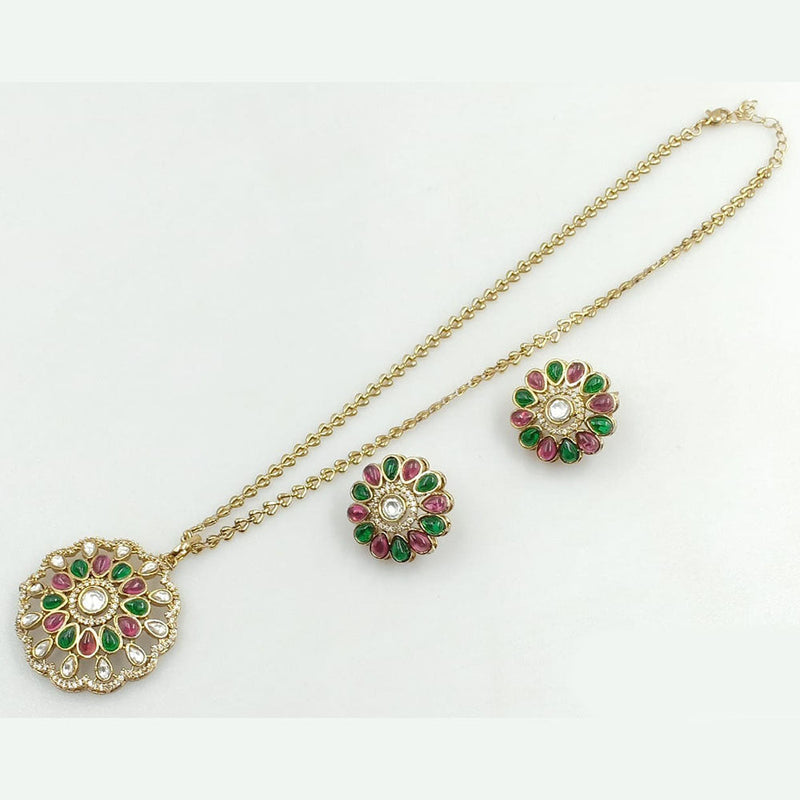 JCM Gold Plated Kundan Stone And Pota Stone Chain Pendant Set