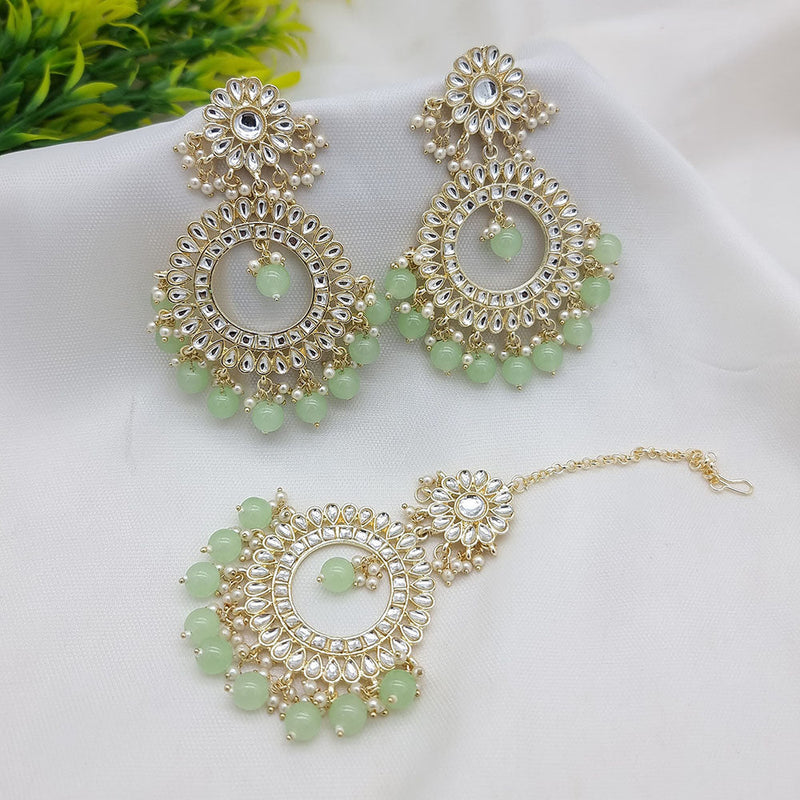 JCM Gold Plated Kundan Stone And Pearls Dangler Earrings With Maangtikka