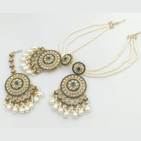 JCM Gold Plated Crystal Stone And Pearls Dangler Earrings With Maangtikka