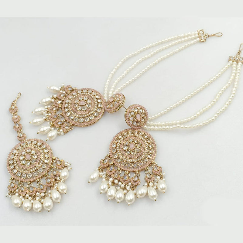 JCM Gold Plated Crystal Stone And Pearls Dangler Earrings With Maangtikka