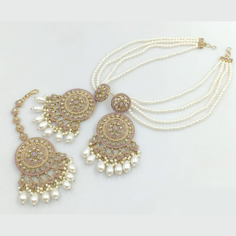 JCM Gold Plated Crystal Stone And Pearls Dangler Earrings With Maangtikka