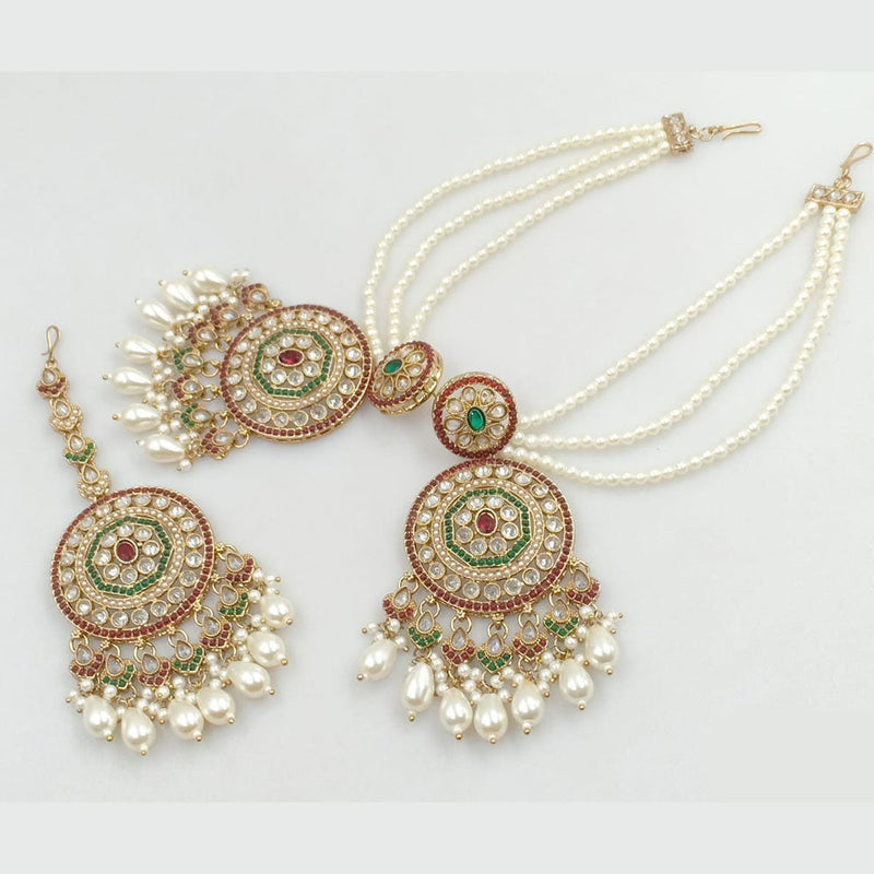 JCM Gold Plated Crystal Stone And Pearls Dangler Earrings With Maangtikka