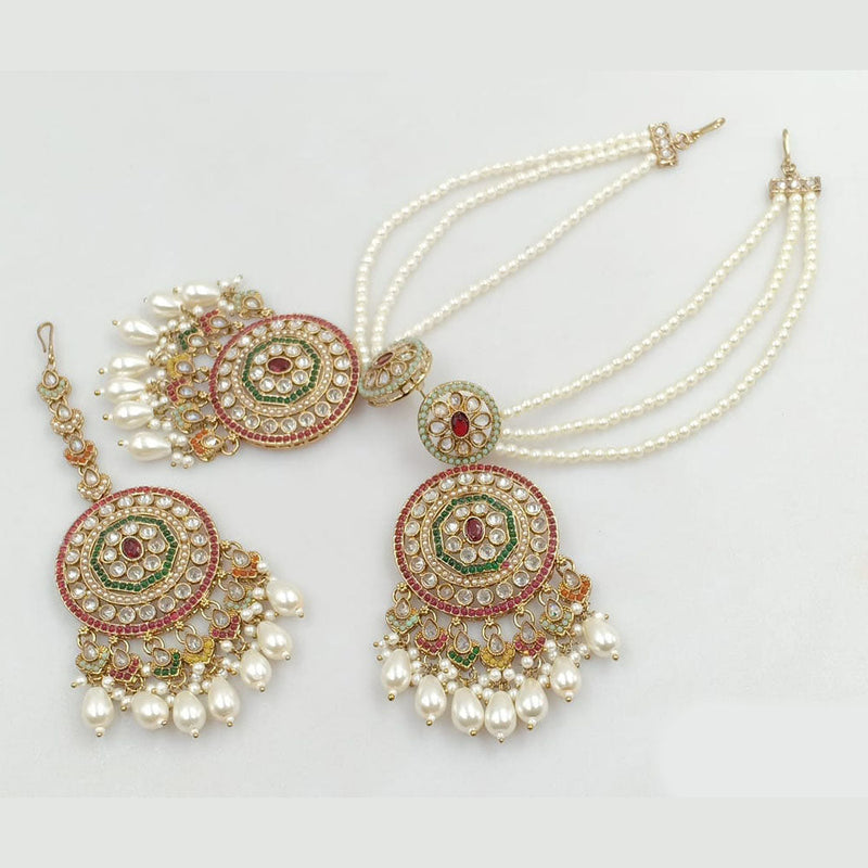 JCM Gold Plated Crystal Stone And Pearls Dangler Earrings With Maangtikka