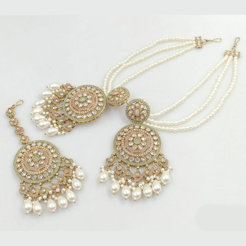 JCM Gold Plated Crystal Stone And Pearls Dangler Earrings With Maangtikka