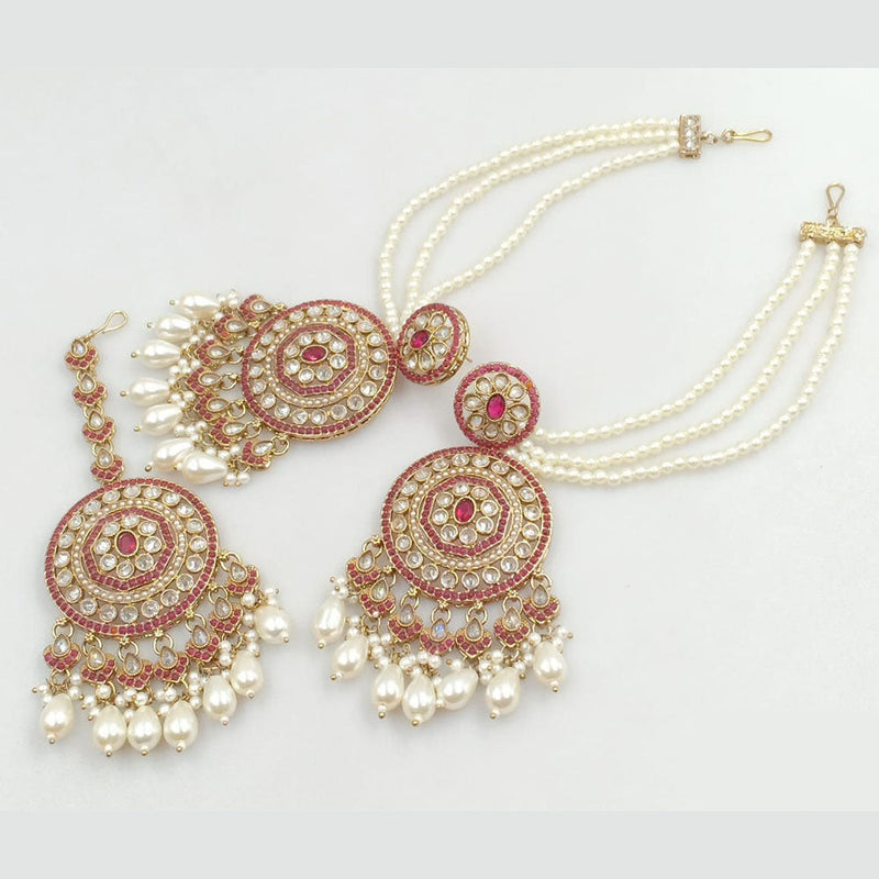 JCM Gold Plated Crystal Stone And Pearls Dangler Earrings With Maangtikka