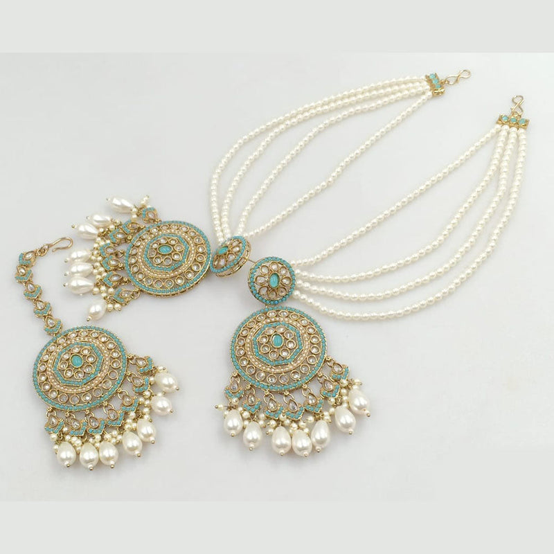 JCM Gold Plated Crystal Stone And Pearls Dangler Earrings With Maangtikka