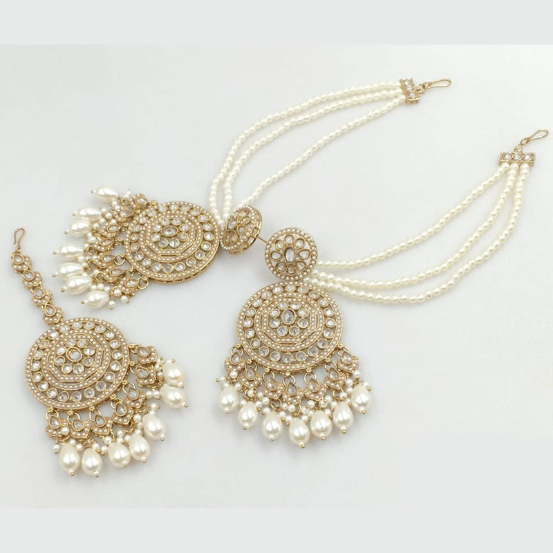 JCM Gold Plated Crystal Stone And Pearls Dangler Earrings With Maangtikka