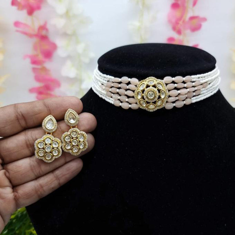 JCM Gold Plated Polki Kundan Stone And Pearls Choker Necklace Set