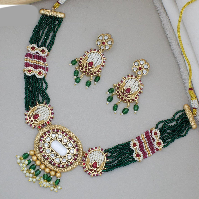 JCM Gold Plated Kundan Stone And Beads Necklace Set