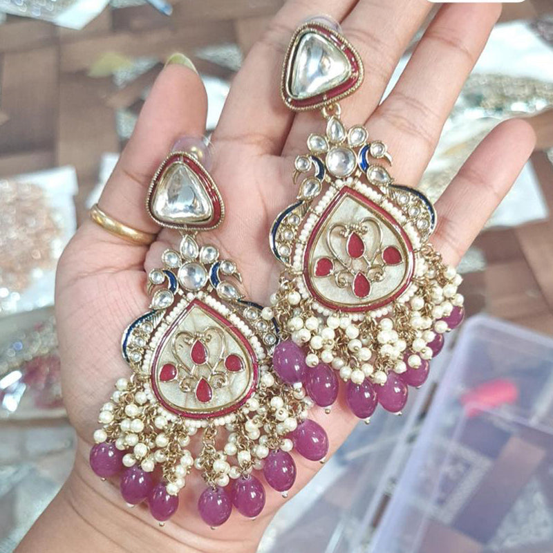 JCM Gold Plated Kundan Stone And Beads Meenakari Dangler Earrings