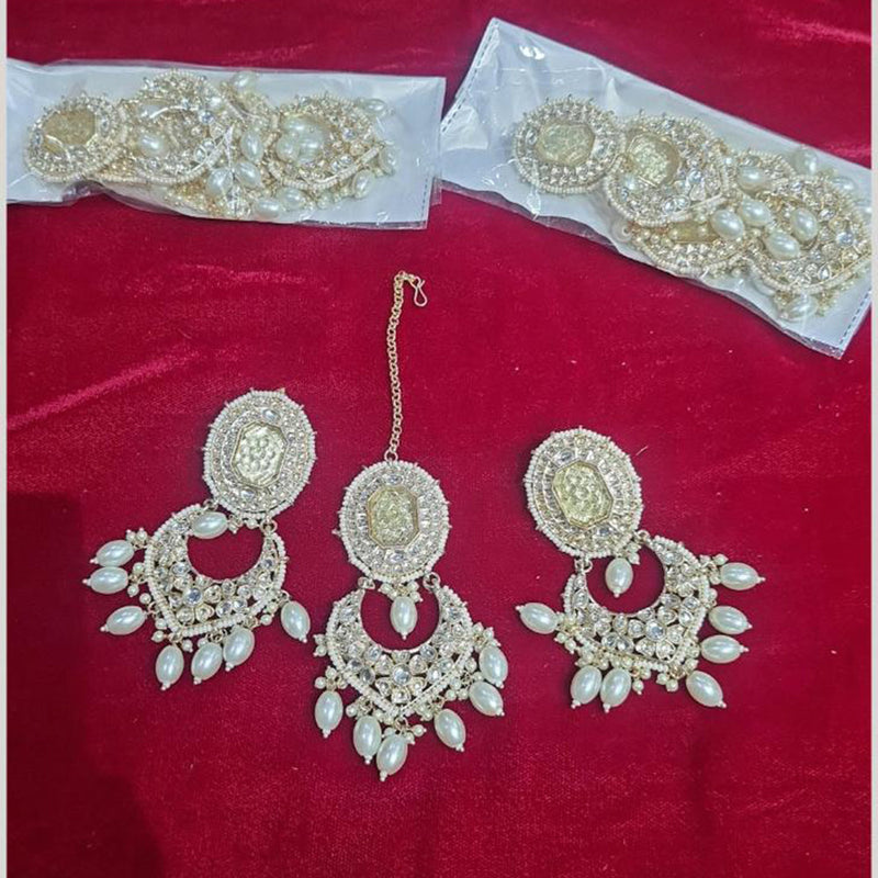 JCM Gold Plated Kundan Stone And Pearls Dangler With Maangtikka