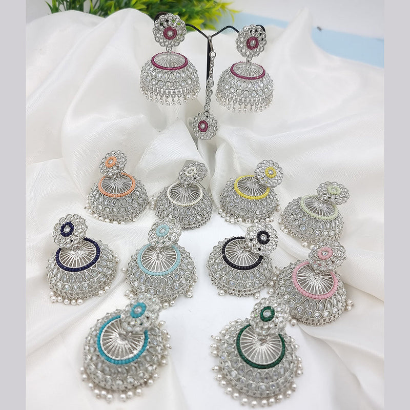 JCM Silver Plated Crystal Stone And Pearls Earrings With Maangtikka