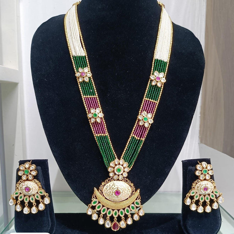 JCM Gold Plated Kundan Stone And Pearls Long Necklace Set