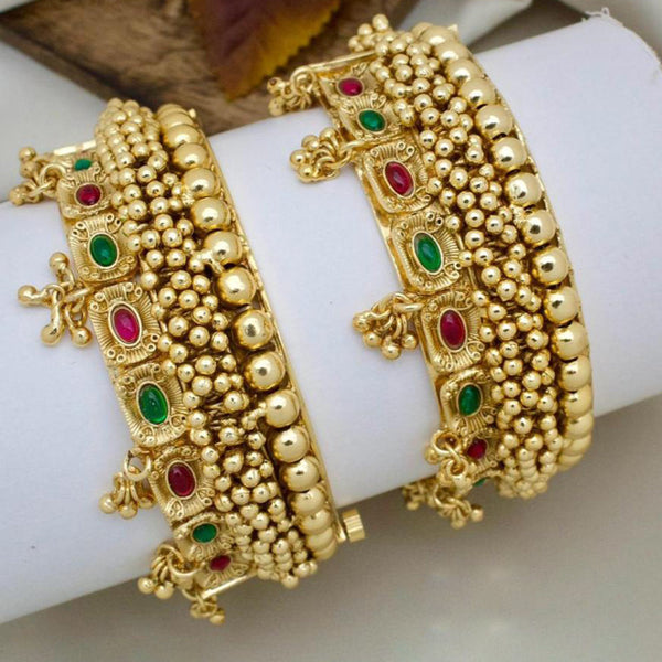 JCM Gold Plated Pota Stone And Pearls Openable Bangles Set