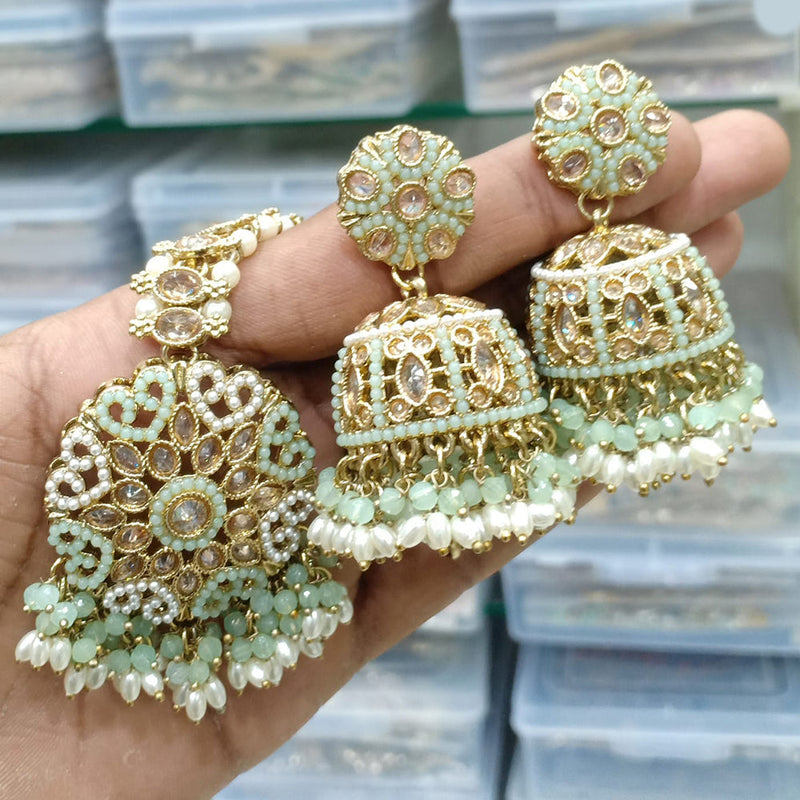 JCM Gold Plated Crystal Stone And Pearls Jhumki With Maangtikka