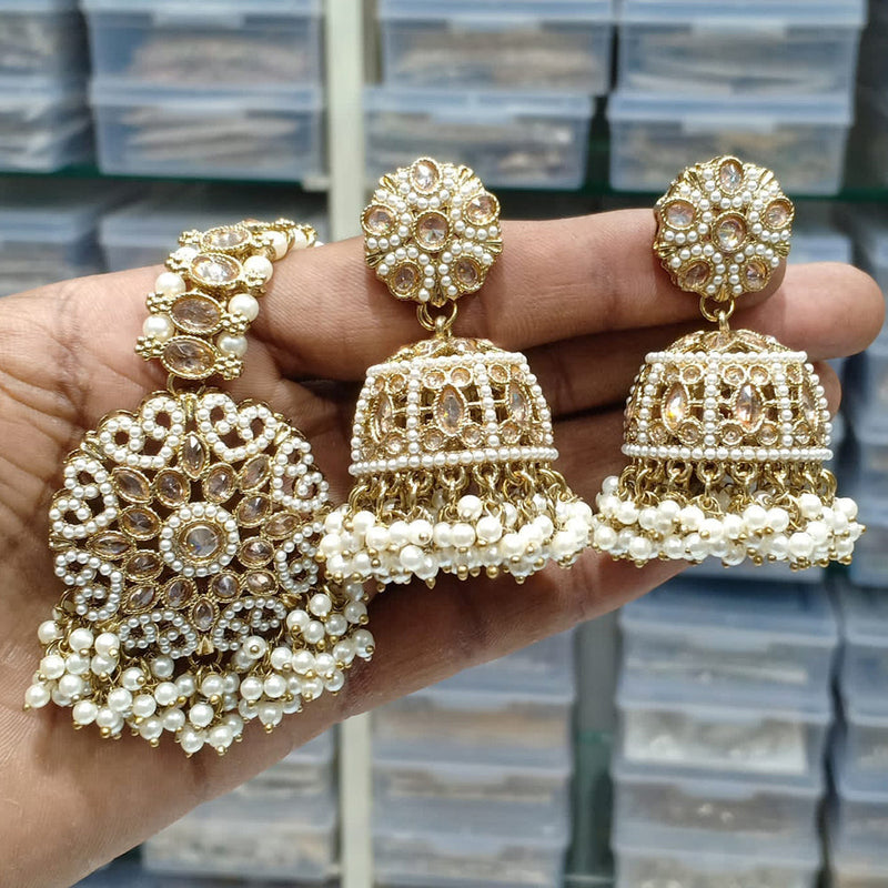 JCM Gold Plated Crystal Stone And Pearls Jhumki With Maangtikka