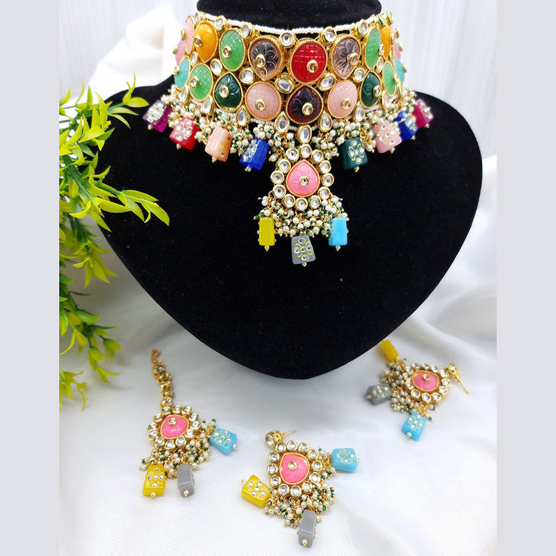 JCM Gold Plated Kundan Stone And Beads Choker Necklace Set