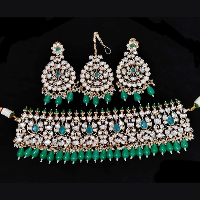 JCM Gold Plated Polki Kundan Stone And Beads Choker Necklace Set