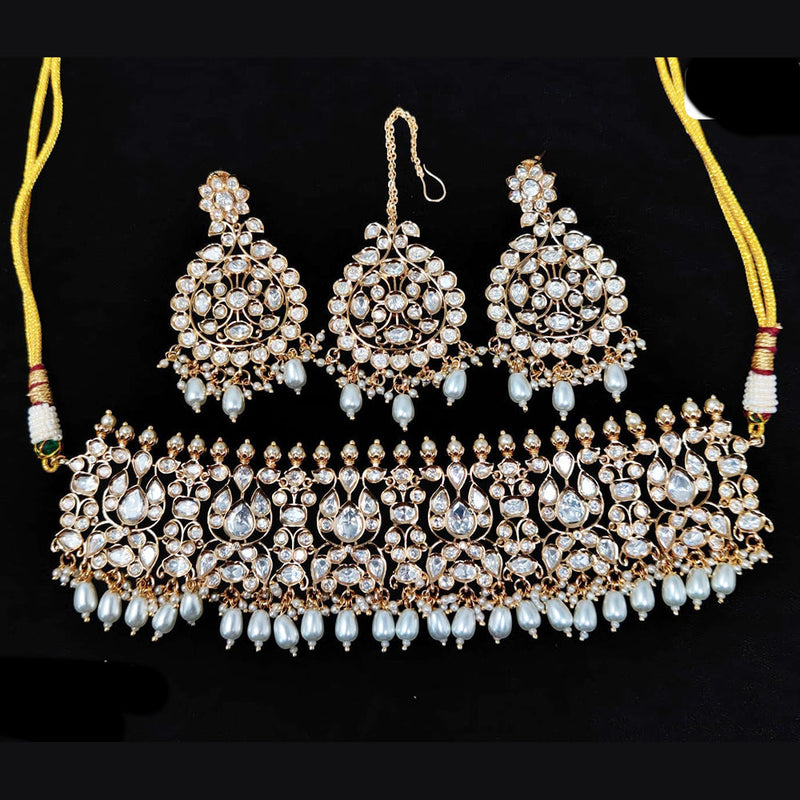 JCM Gold Plated Polki Kundan Stone And Beads Choker Necklace Set