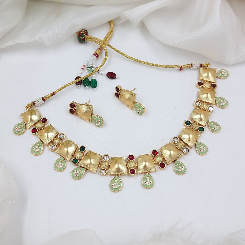 JCM Gold Plated Pota Stone And Meenakari Necklace Set