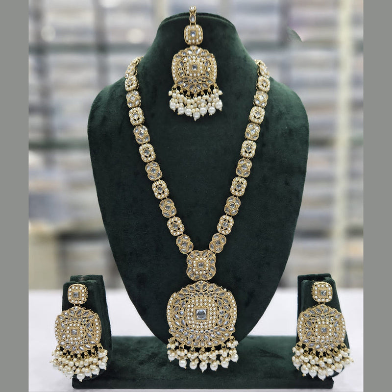 JCM Gold Plated Crystal Stone And Pearls Long Necklace Set