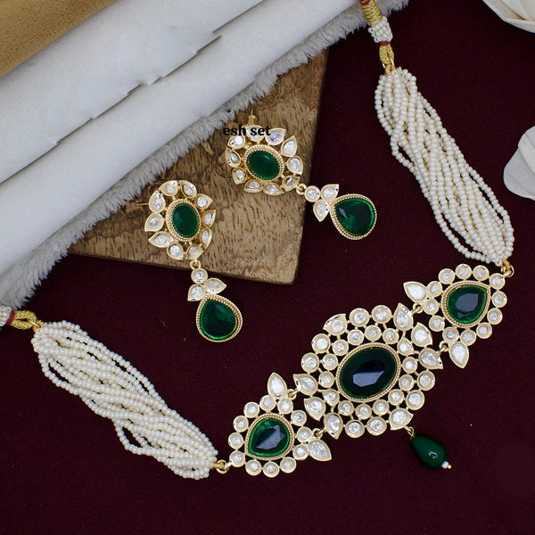 JCM Gold Plated Polki Kundan Stone And Pearls Choker Necklace Set